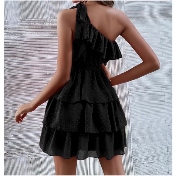 Boho Swiss dot One Shoulder Ruffle Mini Dress - Picture 4 of 13